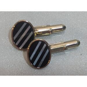 Vintage Cufflinks Black Onyx With Mother Of Pearl Stripes